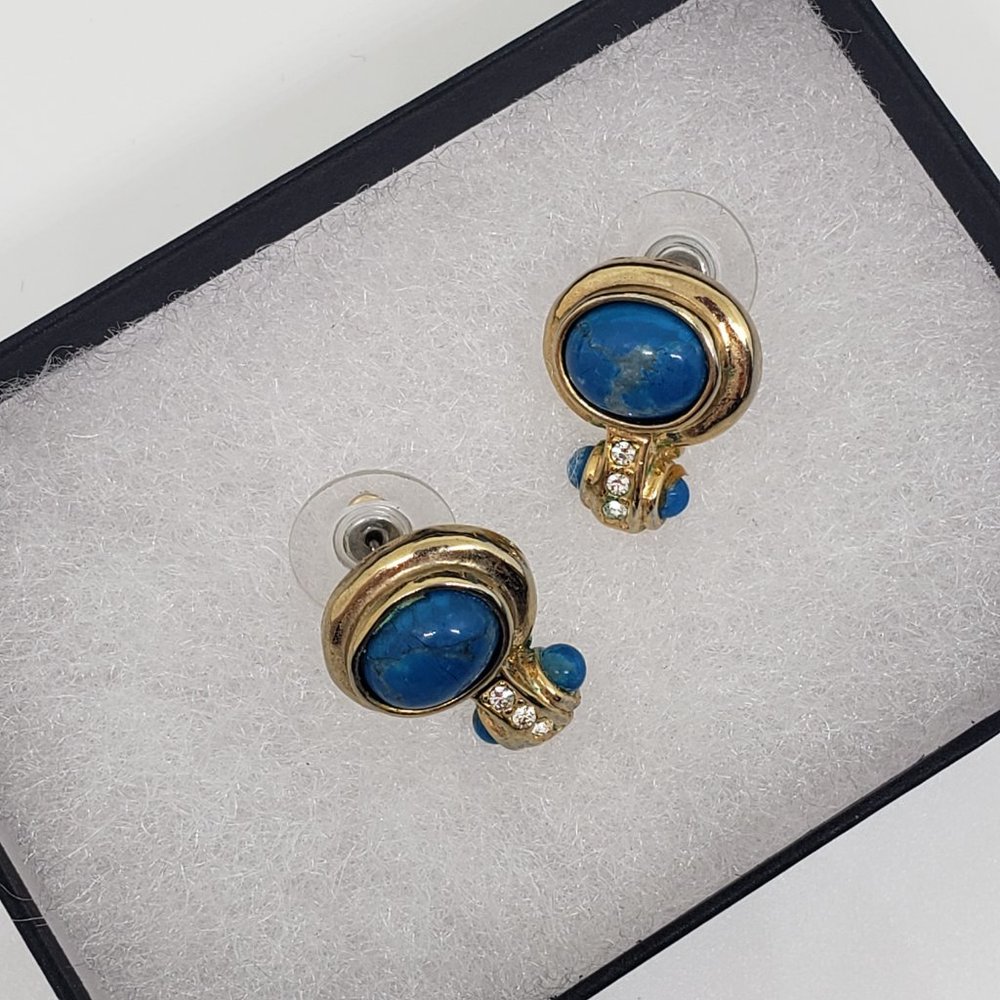 Vintage Blue Bead Rhinestone Dangle Drop Gold Tone Earrings Pierced Round - Picture 8 of 9